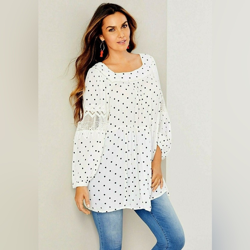 NWT Roamans Polka Dot Crinkle Tunic Lace Detail